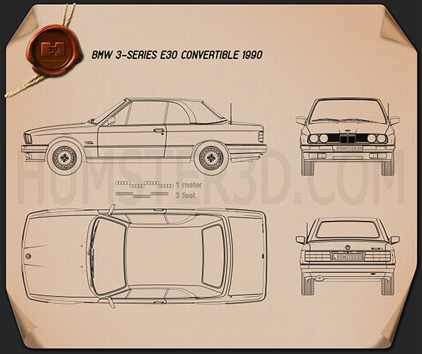 BMW 3 Series Convertible (E30) 1990 Clipart and Blueprint - Download