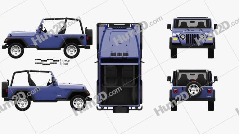 Jeep Wrangler TJ 1997 Side & Front View Blueprint